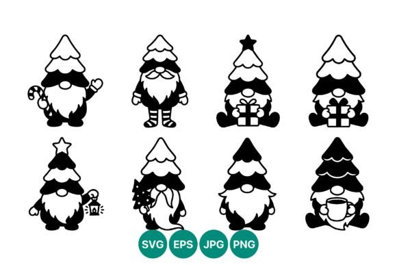 Christmas Gnomes Flat Black White Illustrations