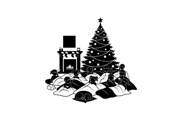 Christmas Silhouette of Children Sleepin: Editorial Illustrations for Publishing