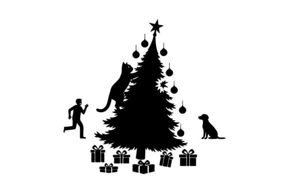 Christmas Tree Silhouette with Cat Dog a Illustrations Review