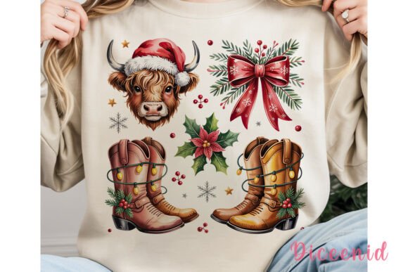 Highland Cow Christmas Boots Bows PNG in Illustrations