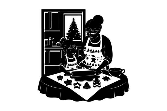 Mother and Child Baking Christmas Cookie Illustrations